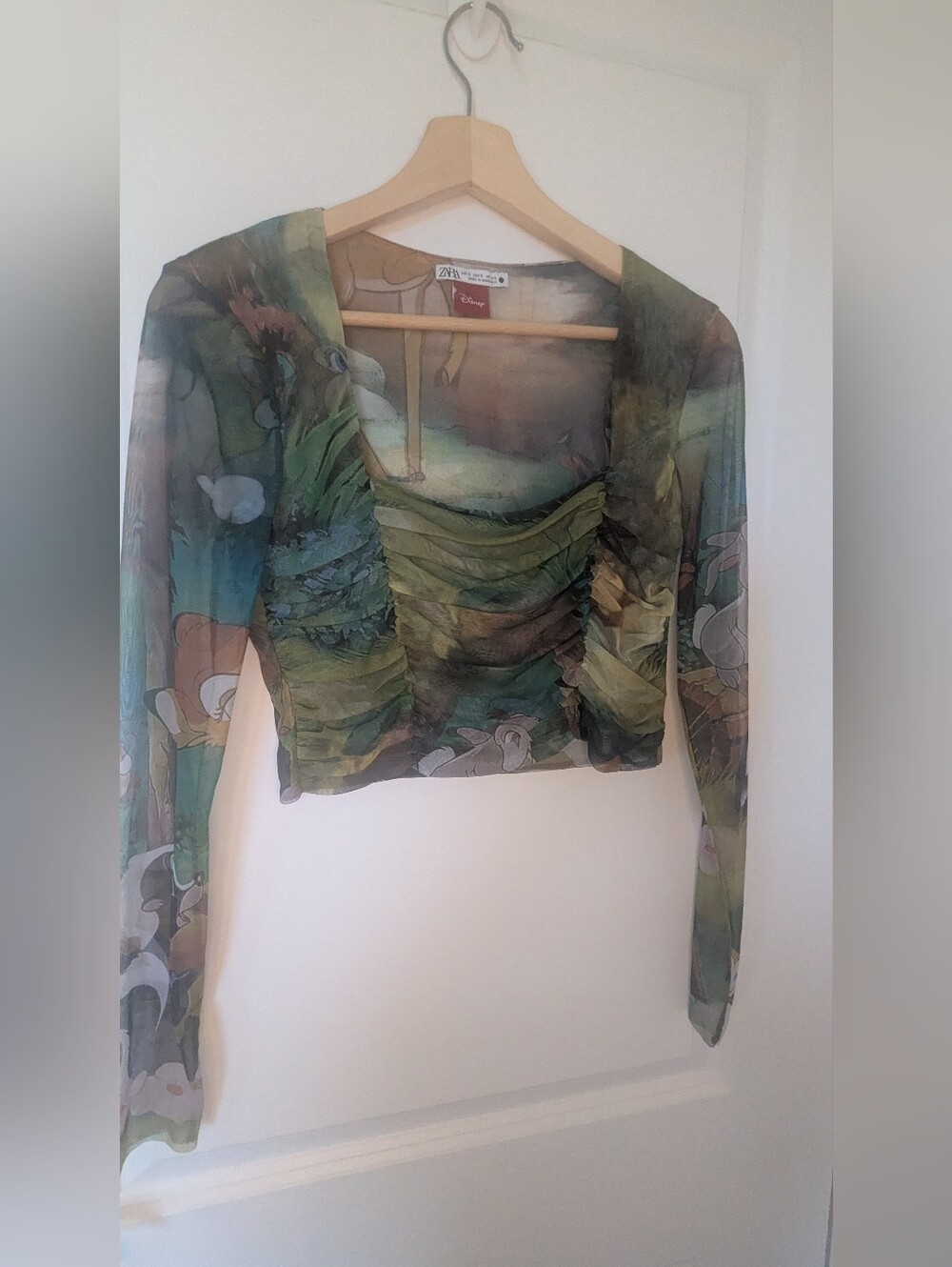Zara x Disney Bambi Thumper Graphic Mesh Long Sleeve Ruched Crop Top - Size S